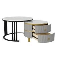 Ensemble de Tables Basses Gigognes avec Plateau en Marbre Blanc et Finition Brillante, 2 Tiroirs, pour Salon, Gris(m-2)