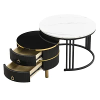 Ensemble de tables basses gigognes en MDF avec plateau brillant et marbre blanc, 2 tiroirs pour salon, Noir(m-10)