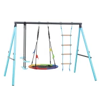 Ensemble de Jeu de Jardin pour Enfants de 3 à 8 Ans avec Balançoire Nid, Échelle d'Escalade, Filet et Balancelle 3 Places, Structure en Métal, Bleu(m-2)