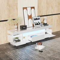 Meuble TV à roulettes avec finition brillante et bande LED blanche, Blanc(m-1)