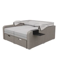 Set canapea de grădină din polyrattan pentru 2 persoane, canapea lounge cu structură din oțel și perne, Khaki(m-6)