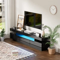 Meuble TV mobile à roulettes avec finition brillante et bande LED noire, Noir(m-7)