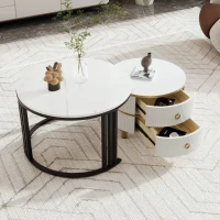 Ensemble de tables basses gigognes en MDF avec plateau brillant et marbre blanc, combinaison pour salon avec 2 tiroirs, Noir(m-7)