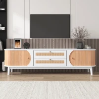Meuble TV mobile rustique en rotin avec portes et tiroirs, Blanc(m-7)