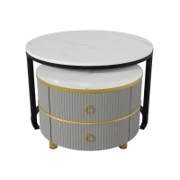 Ensemble de Tables Basses Gigognes avec Plateau en Marbre Blanc et Finition Brillante, 2 Tiroirs, pour Salon, Gris(m-4)