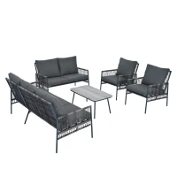 Set mobilier de grădină 7 locuri din PE-ratan și oțel zincat, măsuță cu blat din sticlă temperată cu efect lemn, perne lavabile, Gri(m-10)