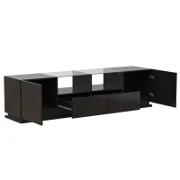Meuble TV Brillant avec étagères en verre, 2 tiroirs, 2 portes & effets lumineux LED, Planche basse 165x38x43 cm, Noir(m-4)