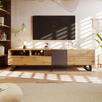 Meuble TV moderne scandinave avec veinures de bois et surface brillante, chêne + anthracite, Noir(m-4)