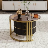 Table basse gigogne 2-en-1 en MDF avec plateau brillant et en verre trempé, combinaison pour salon avec 2 tiroirs, 70x70x45 + 50x50x40 cm, Noir(m-9)