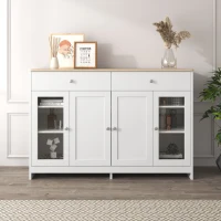 Buffet de style campagnard, casier avec 4 portes et 2 tiroirs, pour le salon et la salle à manger, 120 x 37 x 80 cm, Naturel + Blanc(m-4)