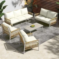 Set mobilier de grădină 7 locuri din PE-ratan și oțel zincat, măsuță cu blat din sticlă temperată cu efect lemn, perne lavabile, Bej(m-7)