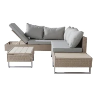 Set de grădină 4 piese din poli-rattan pentru 4-5 persoane cu colțar, masă și perne, huse lavabile, Kaki(m-9)