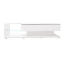 Meuble TV avec étagères en verre et éclairage LED, Blanc(m-2)