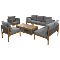 Ensemble de salon de jardin 8 places avec canapé, tables et coussins, revêtement lavable, design en corde, Naturel, Gris(m-9)