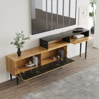 Meuble TV moderne mobile avec design en marbre et veinure de bois, bordure en PVC, Bois Naturel(m-7)