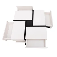 Table basse carrée avec plateau relevable, 4 tiroirs et espace de rangement inférieur, design unique de lignes, Blanc(m-6)