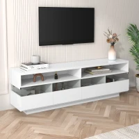 Meuble TV moderne scandinave avec éclairage LED, deux étagères et quatre tiroirs, finition brillante, Blanc(m-1)