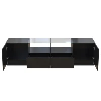 Meuble TV Brillant avec étagères en verre, 2 tiroirs, 2 portes & effets lumineux LED, Planche basse 165x38x43 cm, Noir(m-9)