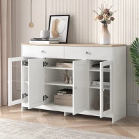 Buffet de style campagnard, casier avec 4 portes et 2 tiroirs, pour le salon et la salle à manger, 120 x 37 x 80 cm, Naturel + Blanc(m-5)