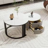 Ensemble de Tables Basses Gigognes avec Plateau en Marbre Blanc et Finition Brillante, 2 Tiroirs, pour Salon, Gris(m-7)