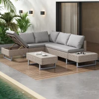 Set de grădină 4 piese din poli-rattan pentru 4-5 persoane cu colțar, masă și perne, huse lavabile, Kaki(m-2)