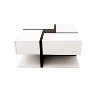 Table basse carrée avec plateau relevable, 4 tiroirs et espace de rangement inférieur, design unique de lignes, Blanc(m-2)