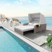 Set canapea de grădină din polyrattan pentru 2 persoane, canapea lounge cu structură din oțel și perne, Khaki(m-2)
