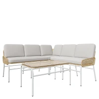 Ensemble de Salon de Jardin en Résine Tressée pour 4-5 Personnes avec Canapé d'Angle, Table Basse en Verre Trempé et Coussins, Gris Clair + naturel(m-10)
