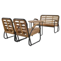 Ensemble de Salon de Jardin 4 Places en Acier Galvanisé et Bois d'Acacia, Canapé, 2 Chaises et Table, Naturel+gris(m-9)