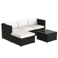 Ensemble salon de jardin modulable en Poly-Rotin avec canapé d'angle, table basse avec plateau en verre et coussins, Noir(m-2)