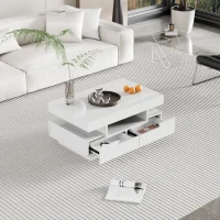 Table basse avec bande LED intégrée, 4 tiroirs avant et arrière, plateau relevable, Blanc(m-1)
