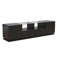 Meuble TV Brillant avec étagères en verre, 2 tiroirs, 2 portes & effets lumineux LED, Planche basse 165x38x43 cm, Noir(m-10)