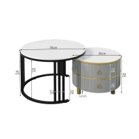 Ensemble de Tables Basses Gigognes avec Plateau en Marbre Blanc et Finition Brillante, 2 Tiroirs, pour Salon, Gris(m-3)