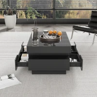 Table basse avec bande LED intégrée, 4 tiroirs avant et arrière, plateau relevable, Noir(m-8)