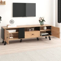 Meuble TV mobile de 170 cm en bois, buffet avec tiroirs, espace de rangement, design exclusif, à roulettes, Naturel(m-7)