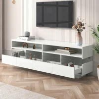 Meuble TV moderne scandinave avec éclairage LED, deux étagères et quatre tiroirs, finition brillante, Blanc(m-7)