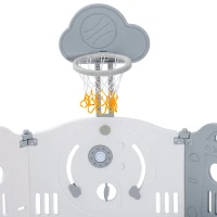Parc pour enfants 160x160x77 cm, 14 panneaux, barrière de sécurité en plastique avec porte, panneau de jouets, panier de basket, balançoire, Gris(m-6)