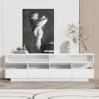 Meuble TV moderne scandinave avec éclairage LED, deux étagères et quatre tiroirs, finition brillante, Blanc(m-8)