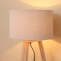 HOMCOM Tischlampe aus Holz Nachttischlampe 58 cm Tischleuchte E27-Fassung 40 W Leinen-Schirme Holzfuß Creme+Natur(m-9)