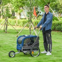 PawHut 2-in-1 Hundeanhänger Haustier Fahrradanhänger Hundetransporter Hunde Fahrrad Anhänger Oxfordstoff Atmungsaktiv Metall Oxford Gewebe Blau+Grau 122 x 58 x 74 cm(m-2)