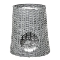 PawHut Katzenhöhle aus Rattan Katzenhaus Katzenbett Katzenkorb mit 2 Kissen Weidenkorb mit Liegedach zweistöckig geschlossenes Design handgewebt PE-Rattan Baumwolle Grau 45 x 45 x 50 cm(m-9)