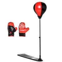 HOMCOM Boxset Boxstand für Kinder Punchingball Set höhenverstellbar 87,5-129,5 cm Standboxsack mit Boxhandschuhe Pumpe für Kinder 5-8 Jahre Metall Kunstleder Schwarz+Rot(m-1)