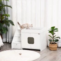 PawHut Katzenschrank für katzentoilette Katzenklo mit 3 Stufen der Treppe Katzenhaus Katzenhöhlen Katzenschrank für Katzenbett mit Türöffnung Weiß 90 x 48 x 59 cm(m-2)