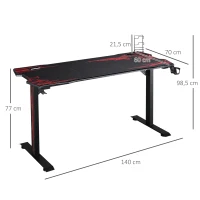 HOMCOM Gaming-tafel PC-tafel bureau met koptelefoonhaak bekerhouder computertafel metaal MDF zwart + rood 140 x 70 x 77 cm(m-3)