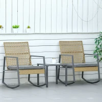 Outsunny Rattan-Schaukelstuhl Bistroset für 2 Personen 2 Stühle 1 Tisch mit Kissen Natur+Grau(m-2)