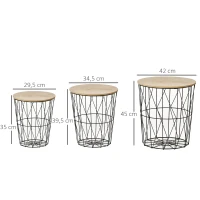 HOMCOM Couchtisch Beistelltisch 3-teilig Nachttisch Korbtisch mit abnehmbaren Deckel mit durchbrochenes modernes Design Satztisch Wohnzimmer Schlafzimmer Metall MDF Naturholz+Schwarz  Ø42 x 45H cm(m-3)