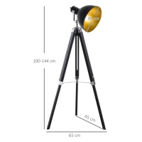 Homcom® staande lamp driepoot vloerlamp in hoogte verstelbaar 108-152 cm E27 industriële zwarte vloerlamp grenen goud 65 l x 65 b x 152 h cm(m-3)