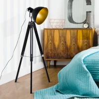 Homcom® staande lamp driepoot vloerlamp in hoogte verstelbaar 108-152 cm E27 industriële zwarte vloerlamp grenen goud 65 l x 65 b x 152 h cm(m-2)