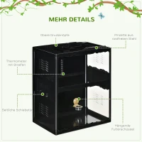 PawHut Terrarium für Reptilien, verriegelbar, Thermometer, 2 Lampenhalterungen, Wasserschale, Metall, Schwarz(m-8)