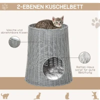 PawHut Katzenhöhle aus Rattan Katzenhaus Katzenbett Katzenkorb mit 2 Kissen Weidenkorb mit Liegedach zweistöckig geschlossenes Design handgewebt PE-Rattan Baumwolle Grau 45 x 45 x 50 cm(m-5)